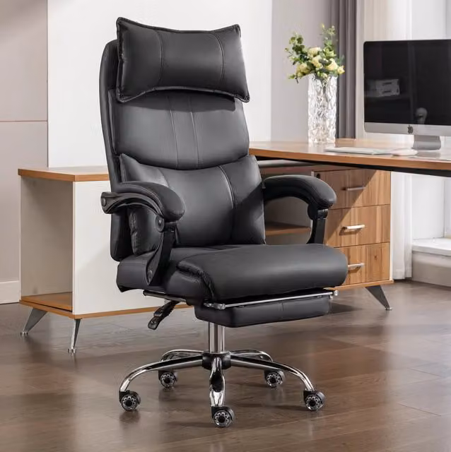 Sedia da ufficio ergonomica moderna nera in tessuto e similpelle con poggiatesta, poggiapiedi e ruote girevoli 360 gradi