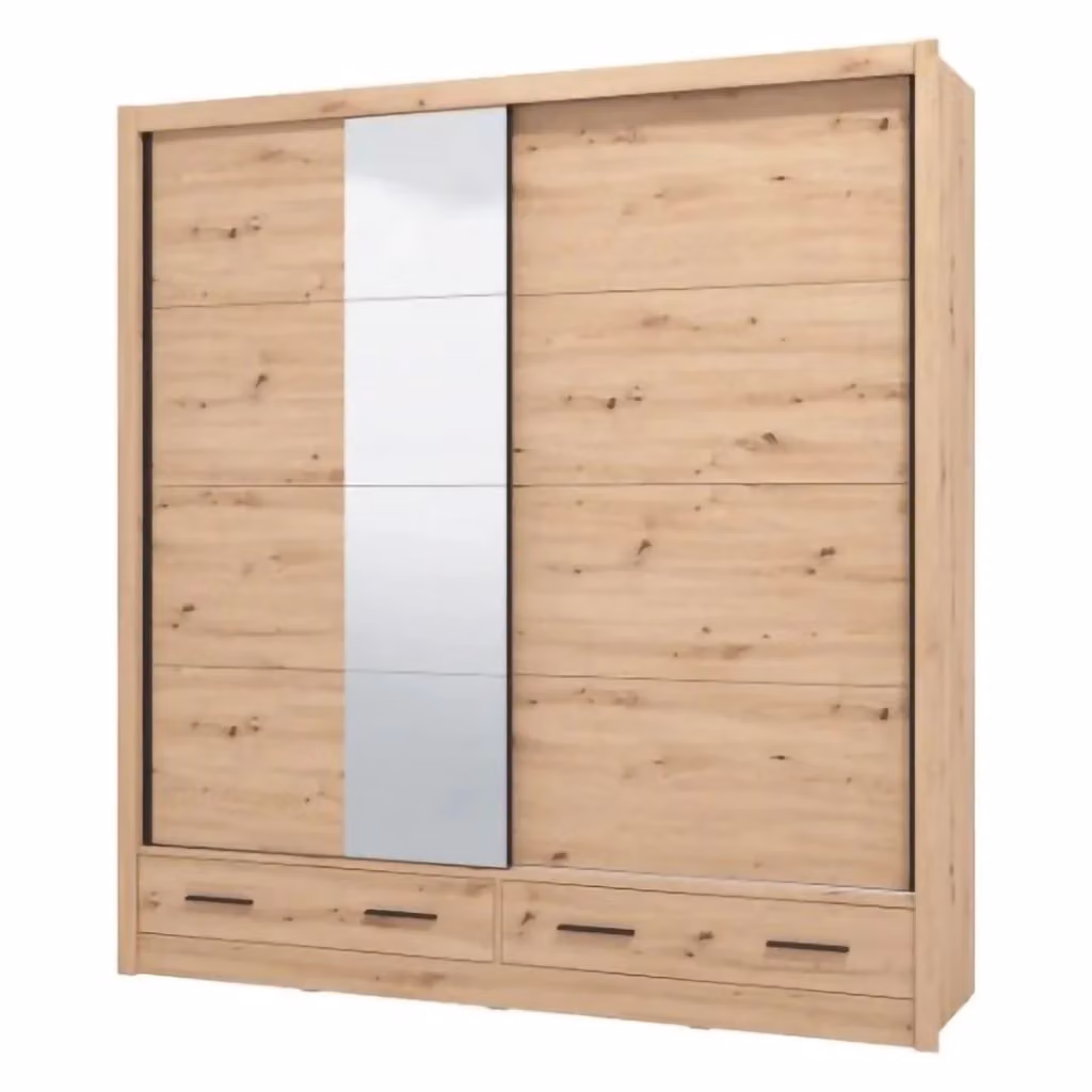 Armadio Copala DMORA per camera da letto con ante scorrevoli, specchio e cassetti integrati, colore marrone rovere, L: 205 cm, P: 60 cm, H: 216 cm – 2
