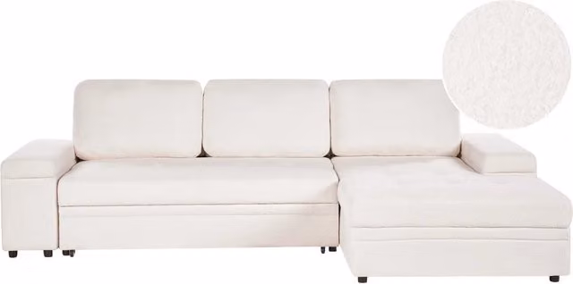 Divano letto angolare Beliani in tessuto Bouclé bianco con contenitore e orientamento a sinistra