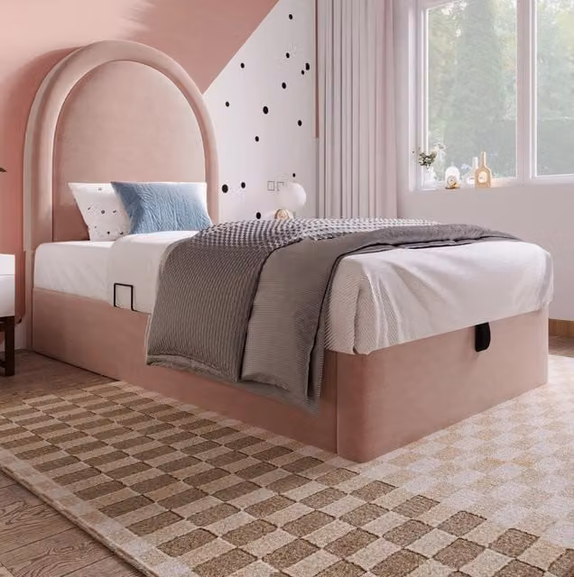 Letto singolo ULEVR 90x200 cm con contenitore idraulico e rete a doghe, velluto rosa per cameretta