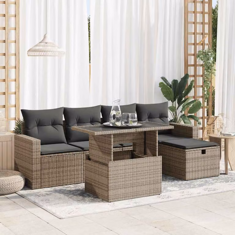 Set Divano da Giardino vidaXL 6 pz in Polyrattan Grigio con Cuscini e Tavolino da Esterno a Forma di L