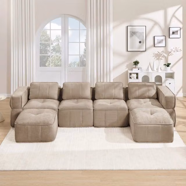 Divano modulare 4 posti Minimal con 2 poggiapiedi in tessuto beige per il tuo soggiorno