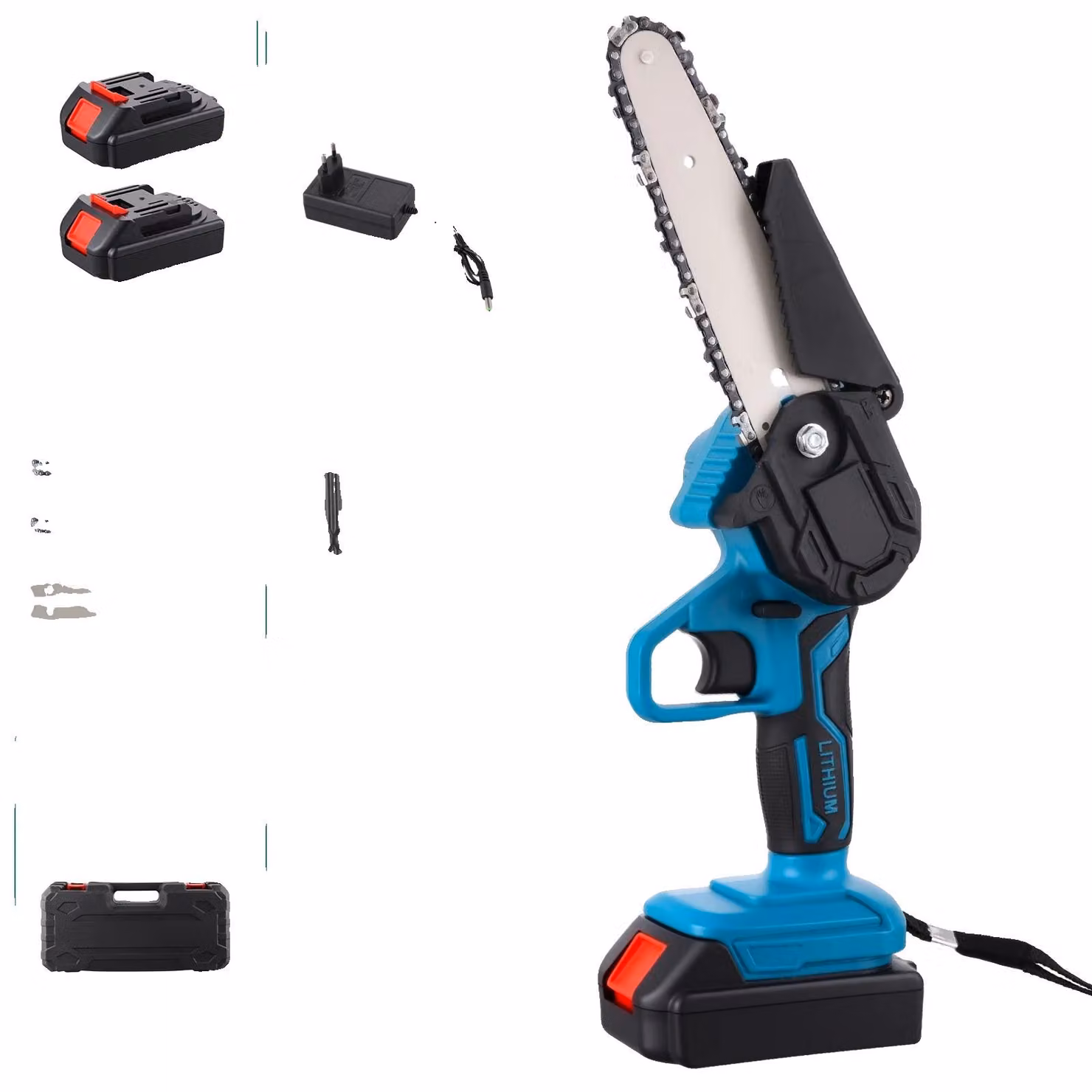 Troncatrice a catena elettrica, 18V, ricaricabile, con caratteristiche di portabilità e sicurezza, dotata di 2 batterie