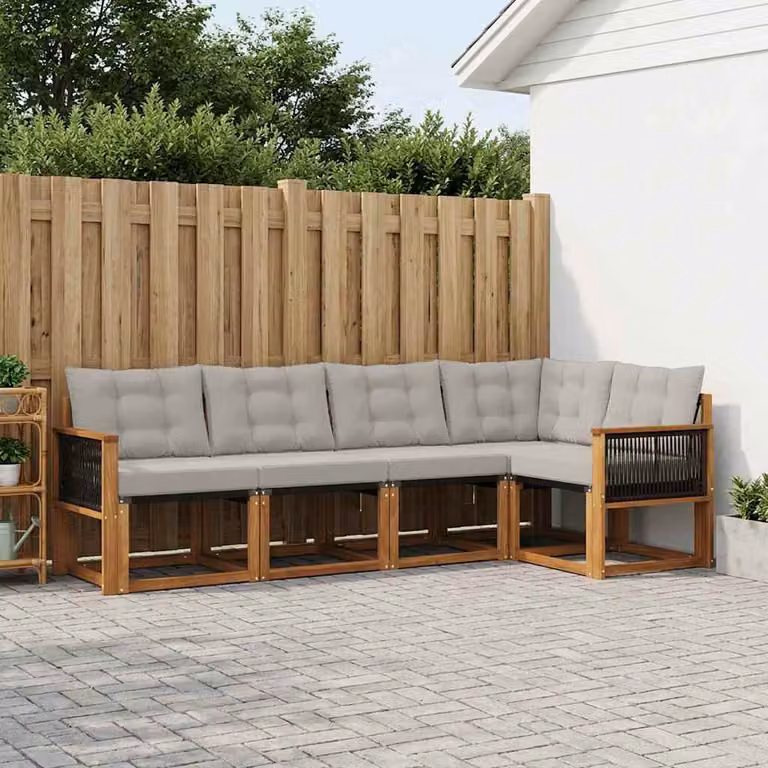 Set di divani da esterno a L vidaXL in legno di acacia con cuscini beige e grigio