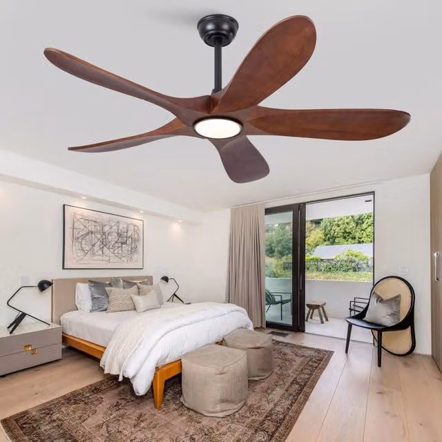 Ventilatore da soffitto con luce e 5 pale in legno massello, colore noce e nero, con telecomando e timer – 1