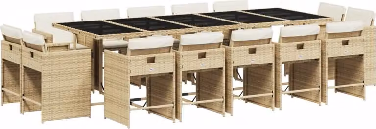 Set da Pranzo da Giardino 15 pz con Cuscini Beige in Polyrattan