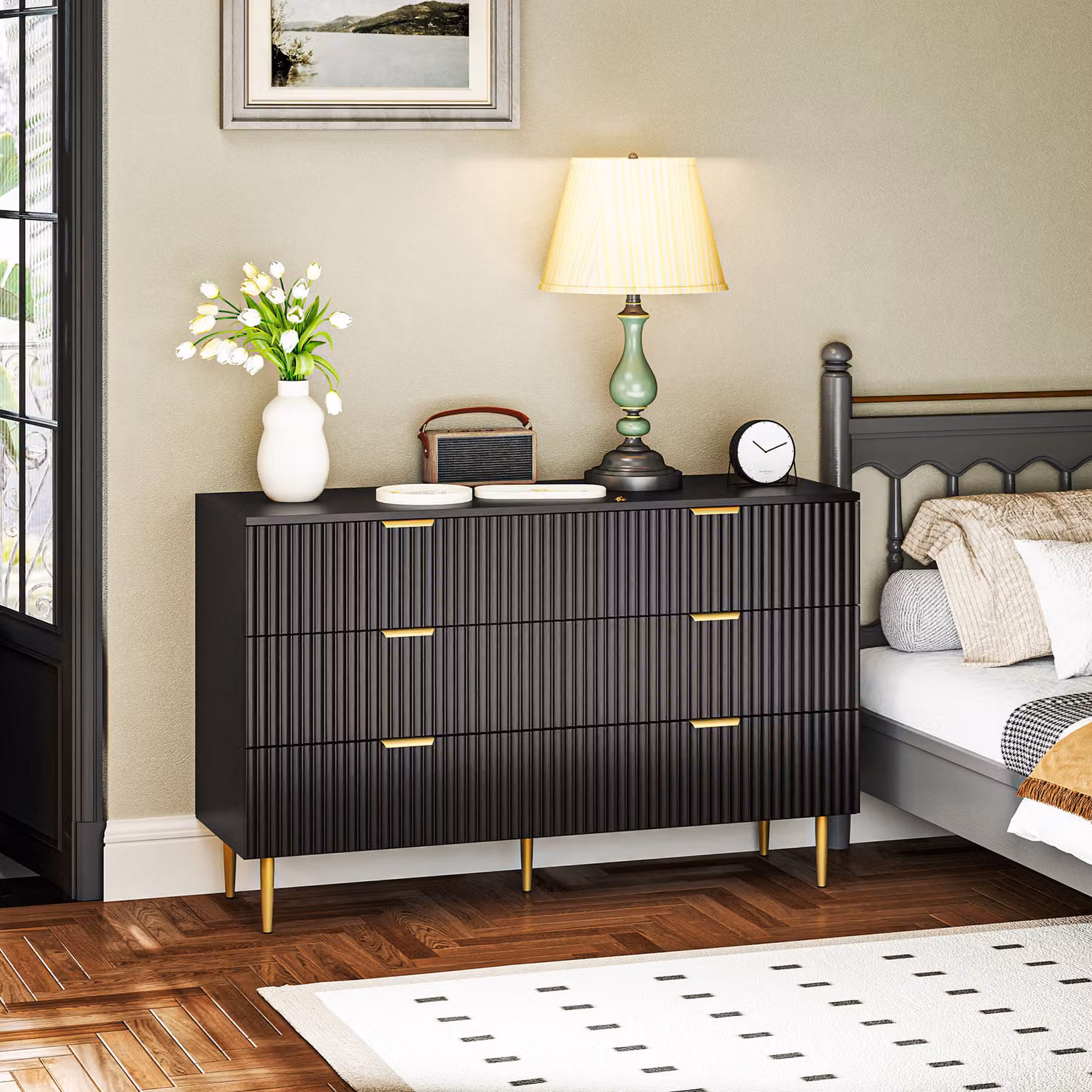 Comò moderno HOMCOM con 6 cassetti, maniglie e piedi dorati, colore nero, L 120 x P 40 x H 76,5 cm – 2