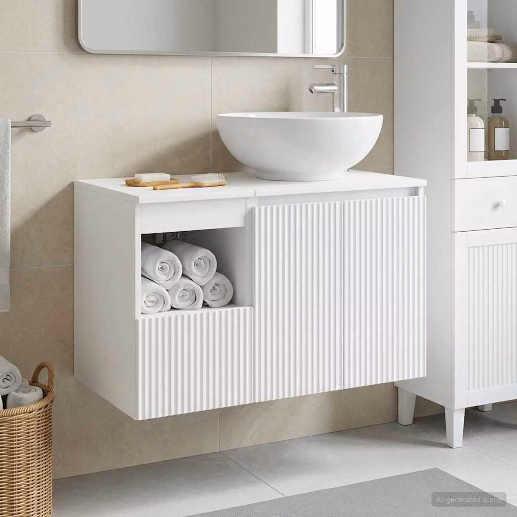 Set di mobili per il bagno moderno vidaXL composto da mobile lavabo e pensile a parete in MDF bianco opaco L/P/H: 80,0 x 44,5 x 49,5 cm e L/P/H: 36,7 x 2,0 x 44,5 cm