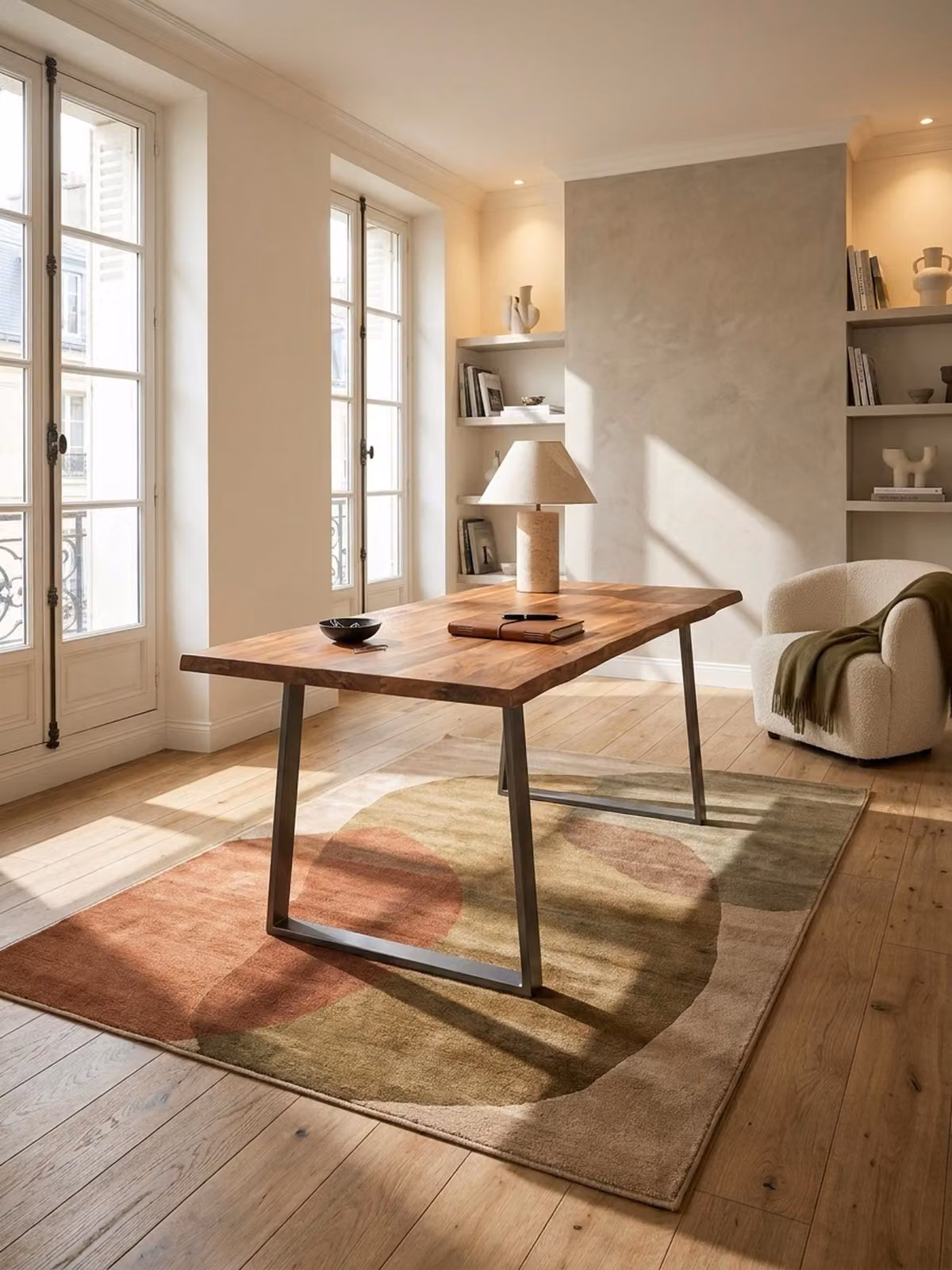 Scrivania 140x80x76 cm in legno massello di acacia / metallo, scrivania per computer con bordi naturali, scrivania da ufficio per l'home office in legno massello con gambe trapezoidali cromate, tavolo in legno per laptop, tavolo da studio