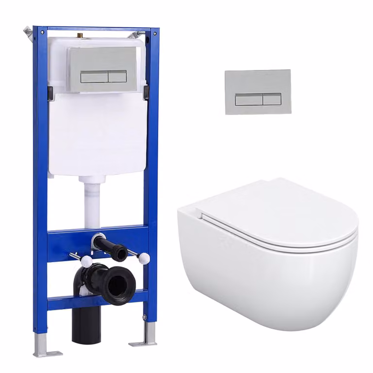 Set di elementi da incasso per WC + WC sospeso senza bordo + cassetta da incasso da 114 cm con piastra di spinta rettangolare cromata HOROW