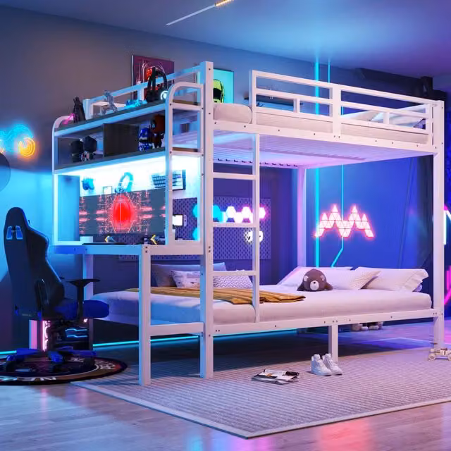 Letto a soppalco 140x200 cm con scrivania; LED; USB e struttura bianca