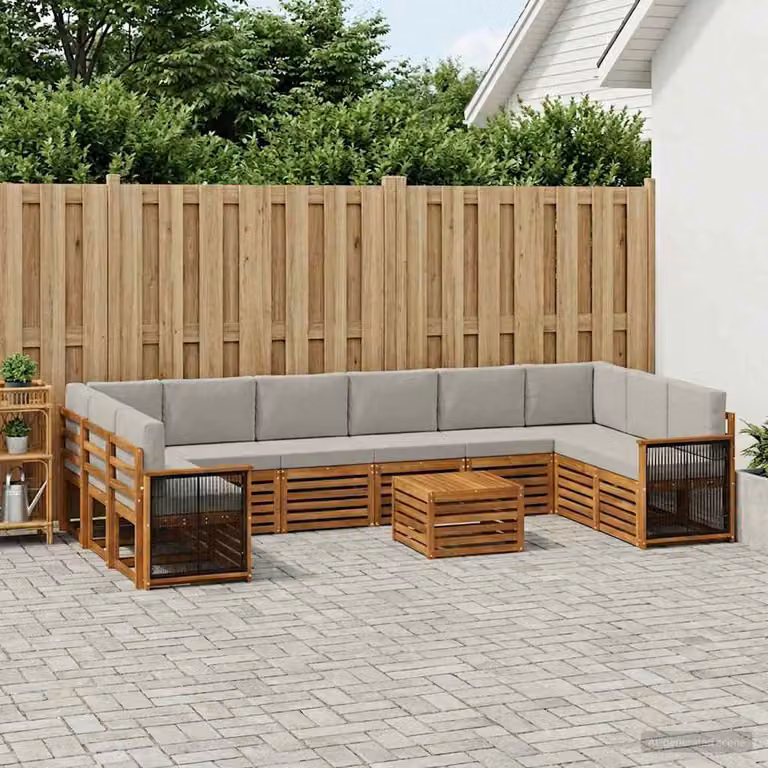 Set di divani da esterno vidaXL 8 pz in legno di acacia con tavolo da caffè e cuscini, forma a L, beige e grigio