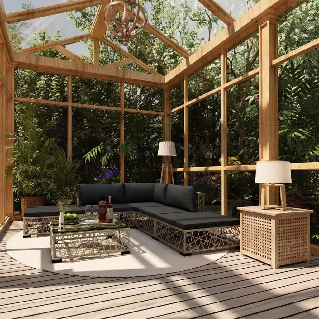The Living Store Set da giardino da 6 pezzi con cuscini in poly rattan grigio