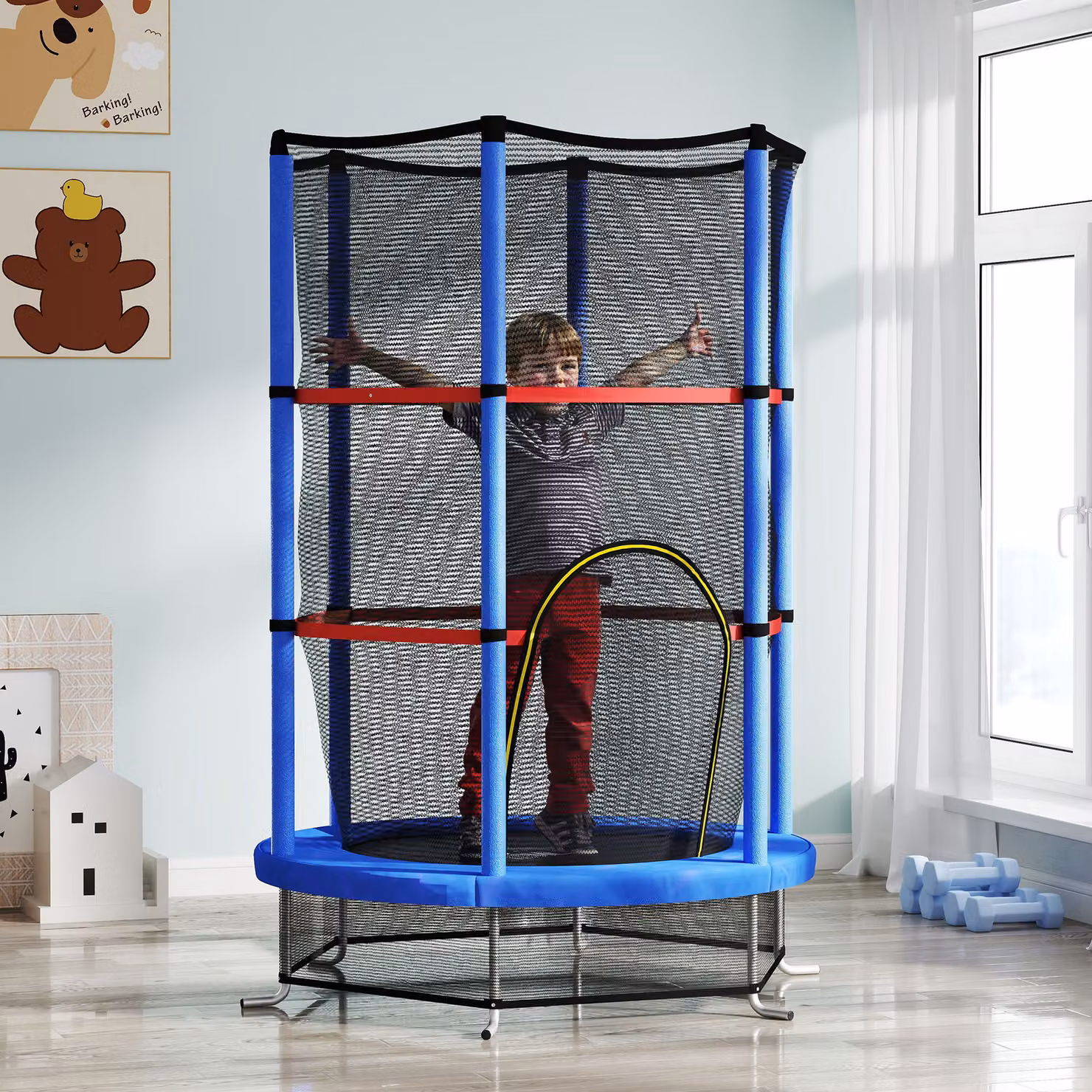HOMCOM Tappeto Elastico per Bambini 3-6 Anni con Rete di Protezione, 6 Colonne e 3 Ingressi, L: 190 cm, P: 140 cm, Colore Blu e Nero – 2
