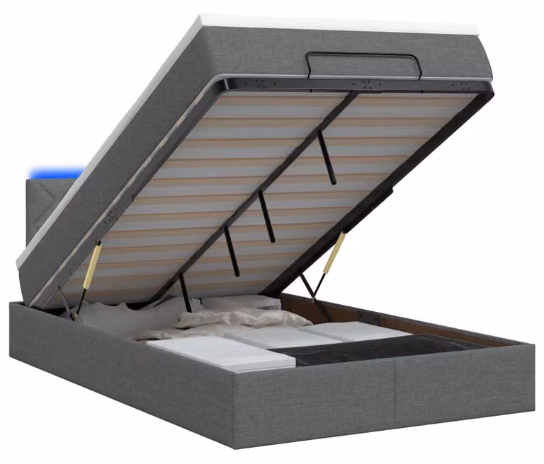 Panca contenitore con materasso e illuminazione LED, colore grigio scuro, dimensioni 120 x 190 cm, rivestita in tessuto
