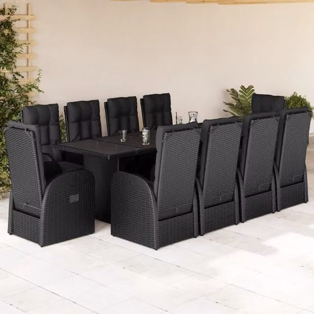 Set da pranzo da giardino vidaXL in polyrattan nero con tavolo in vetro, 11 pezzi