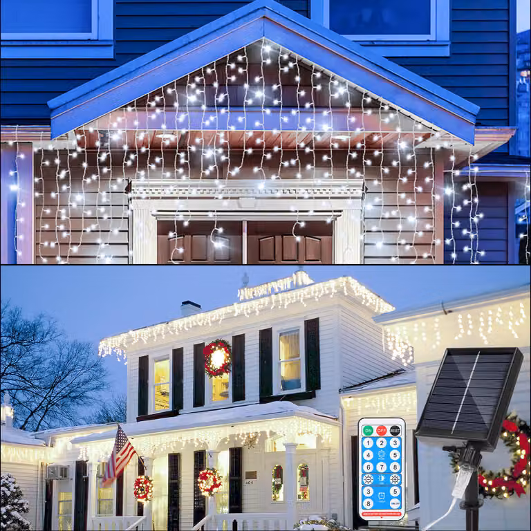 Izrielar 15M LED luci solari fata LED pioggia di ghiaccio 600 LED tenda luce ghiacciolo con telecomando decorazione giardino interno bianco freddo