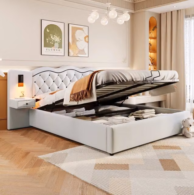 Letto imbottito beige 180x200 cm con testiera integrata, meccanismo idraulico, porte USB e ampio spazio contenitivo