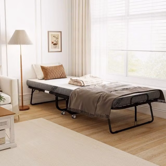 Letto pieghevole con ruote, materasso, struttura in acciaio bianco e nero 200x90 cm