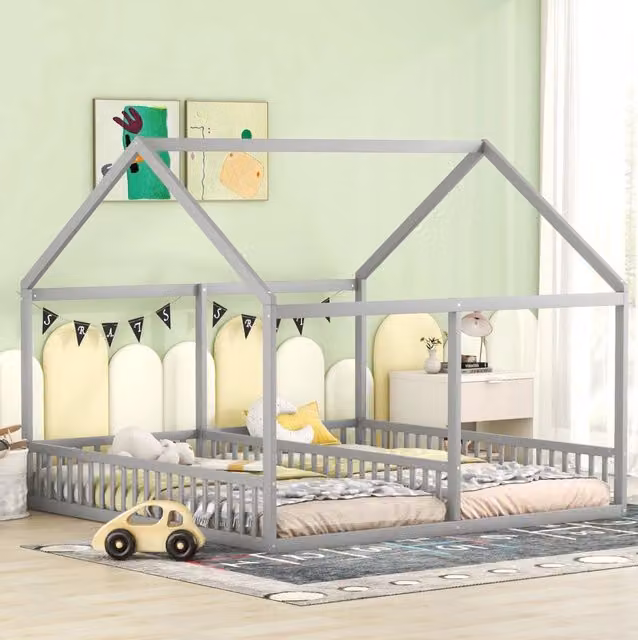 Letto bambini 2 posti 90x200 cm grigio in pino e MDF con sponde