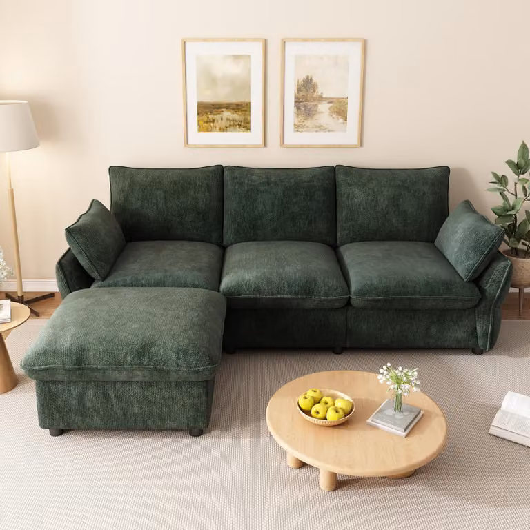 Divano angolare moderno con poggiapiedi, divano a 3 posti, divano a forma di L con poggiapiedi, divano in chenille, divano per il soggiorno, divano con cuscini, color verde scuro