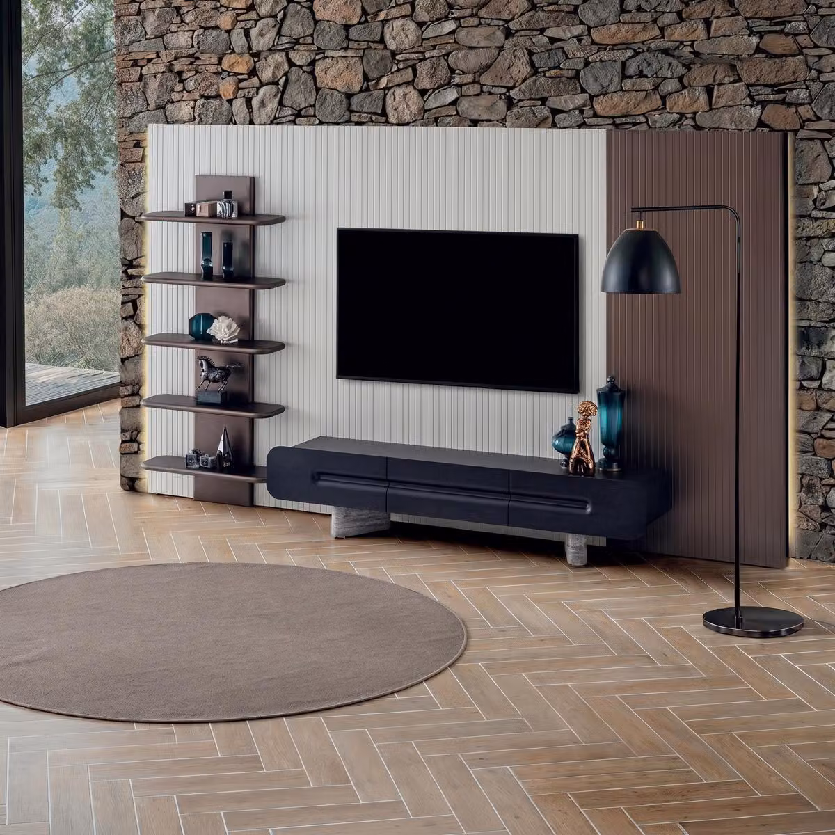 Mobile TV a basso, scaffalatura, colore marrone scuro, design moderno, set