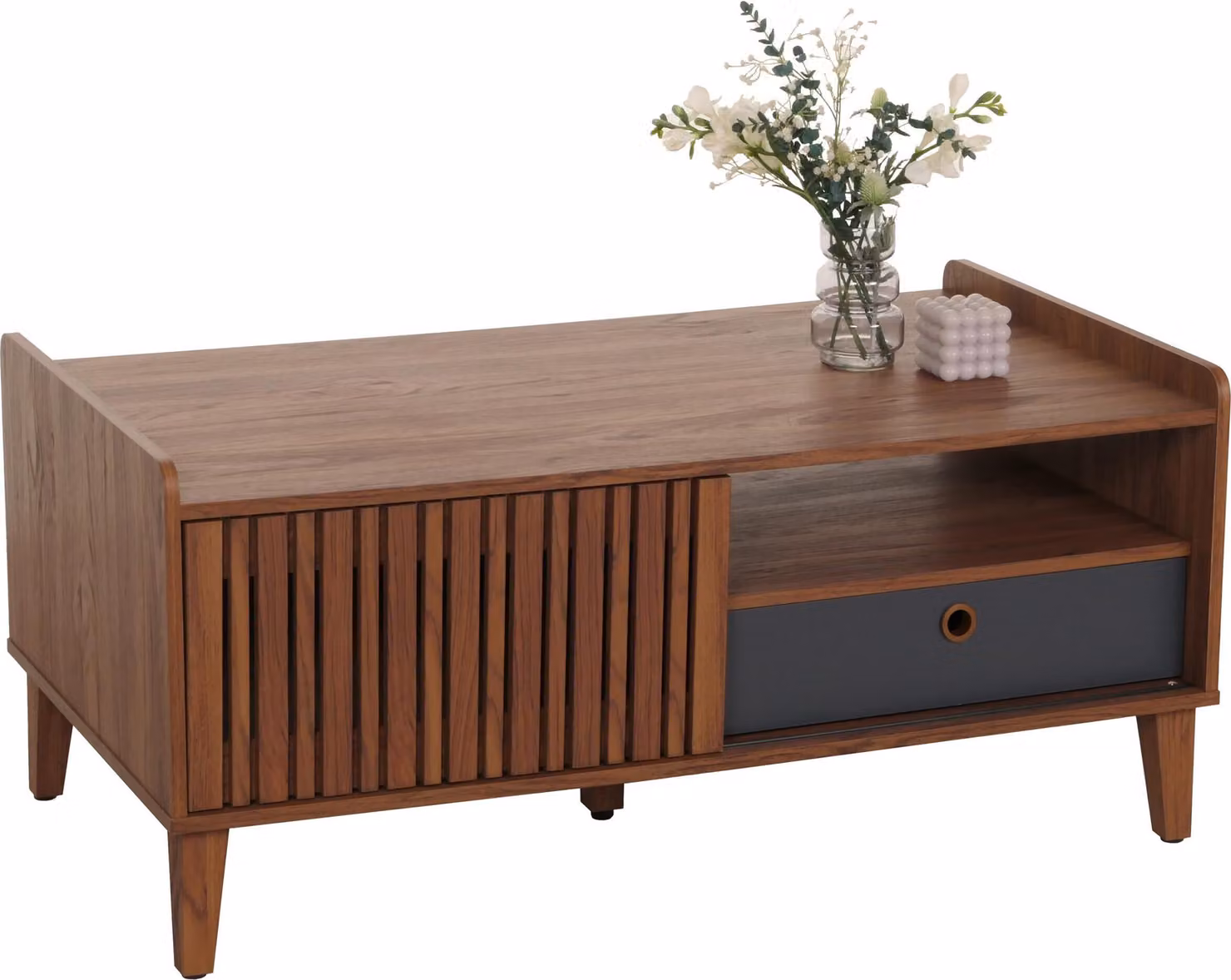 Tavolino HWC-M48, tavolo da salotto, tavolo da divano, 52x114x59cm ~ aspetto noce, cassetto grigio scuro