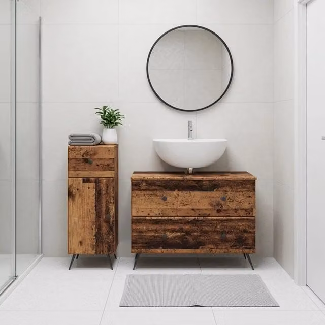 Set di mobili da bagno moderno vidaXL composto da mobile lavabo e mobile contenitore in legno marrone con ante a battente e cassetti interni