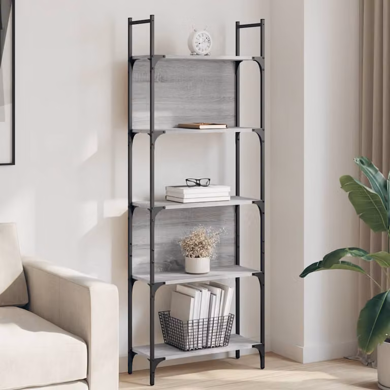 Libreria vidaXL con 5 Ripiani in Grigio Sonoma, Design Moderno in Legno Multistrato e Metallo, L: 60,5 cm, P: 24 cm, H: 166,5 cm
