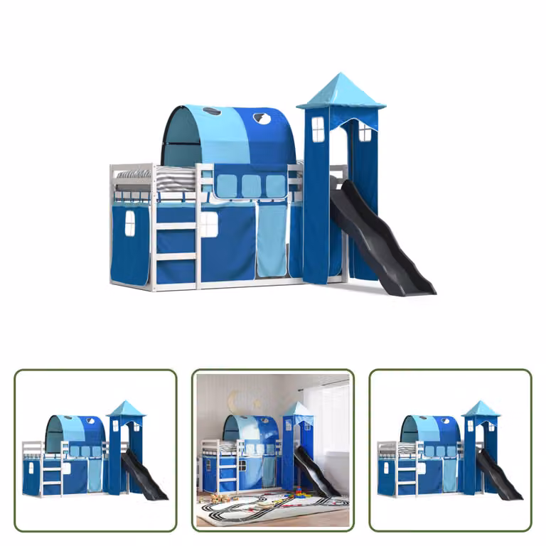 The Living Store Letto a castello con scivolo e tende blu 90x200 cm