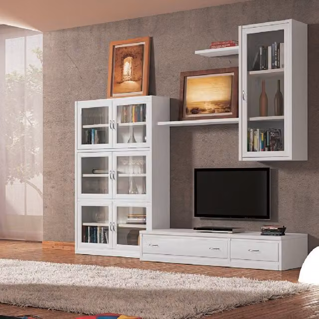 Parete attrezzata classica in legno di pino bianco con ante in vetro e ripiani aperti Mobili 2G L: 265 cm, P: 36/60 cm, H: 230 cm – 1