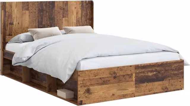 Letto matrimoniale | Letto per adulti | Struttura del letto con stoccaggio e testata Legno antico