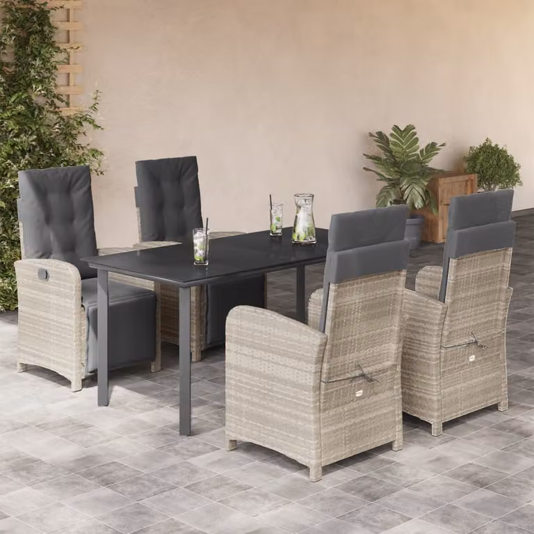 Set Pranzo da Giardino vidaXL in Polyrattan con Cuscini e Piano in Vetro, 5 Pezzi, Grigio e Nero