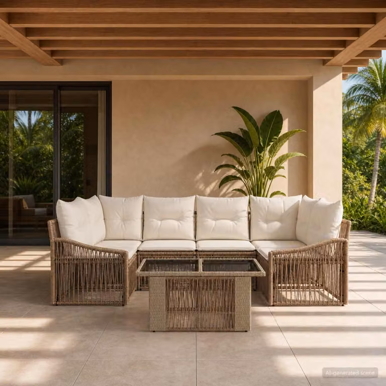Set Divano da Giardino vidaXL 7 Pezzi a Forma di L con Tavolino, Polyrattan e Cuscini Imbottiti, Colore Beige e Bianco Crema