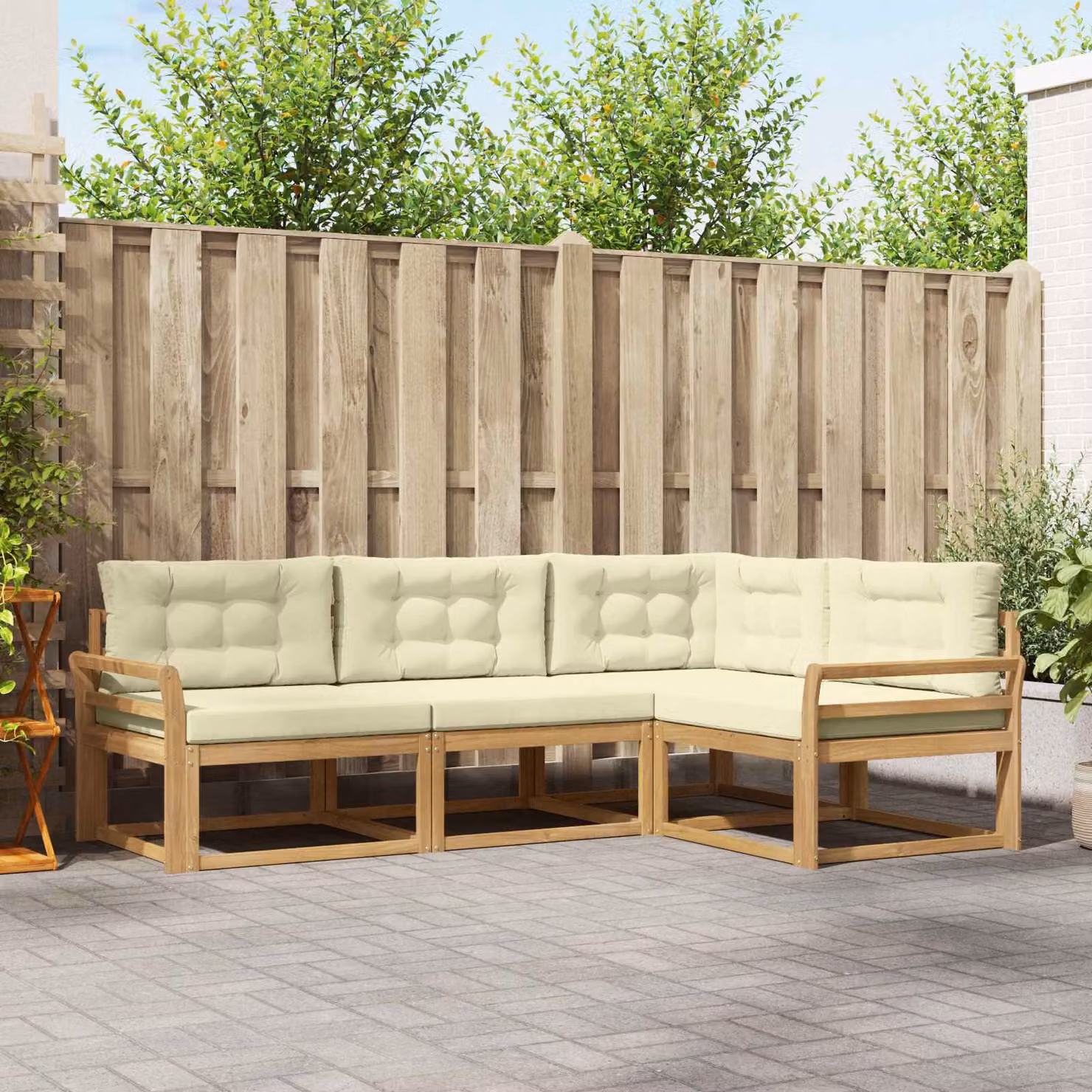 Set di divani da esterno a L vidaXL in legno di acacia con cuscini, Bianco, Beige e Marrone
