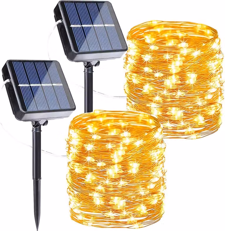 Catena luminosa solare, 12 metri, 120 LED, luce calda, confezione da 2