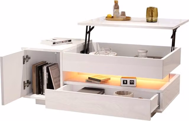 Tavolino da caffè alzabile con 1 cassetto; 1 armadietto; vano nascosto e LED per soggiorno bianco