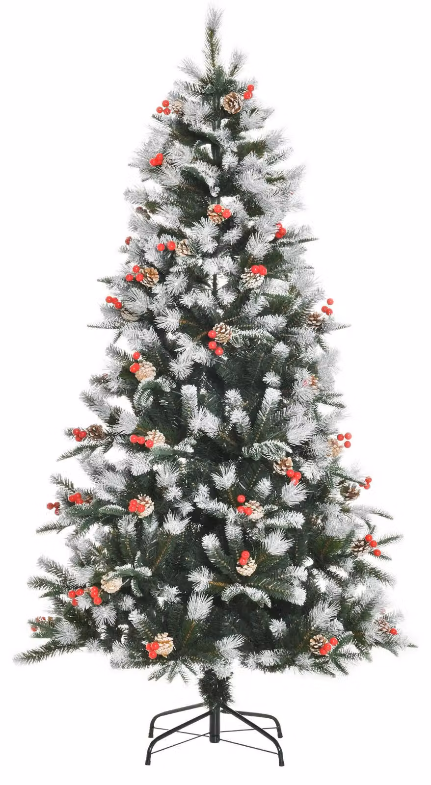 Albero di Natale Artificiale Innevato 180 cm 678 Rami con Bacche Rosse e Pigne Verde