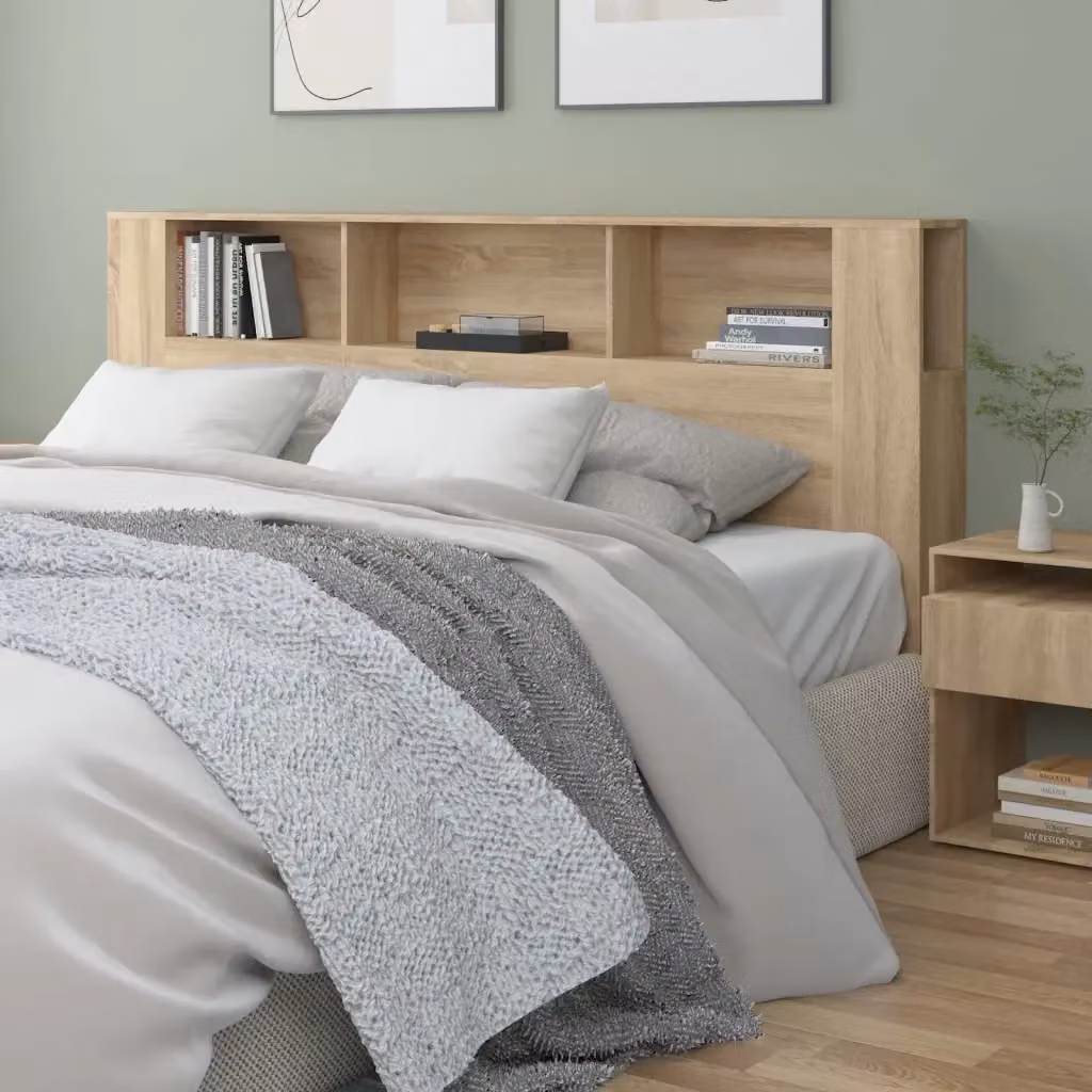 Testiera con scomparti integrati in legno Rovere Sonoma, L 200 x P 18,5 x H 104,5 cm – 2