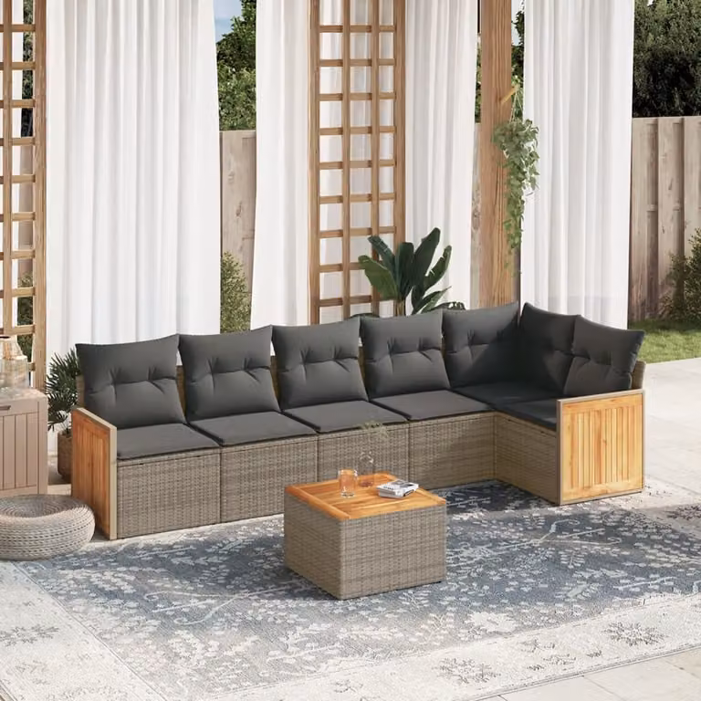 Set di divani da giardino vidaXL in polyrattan grigio con cuscini, tavolino e sedute a L per esterno