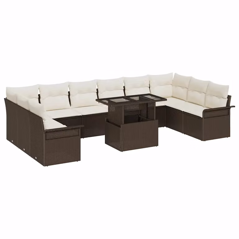 vidaXL Set Divano da Giardino a Forma di U da 11 Pezzi in Rattan Marrone e Bianco con Tavolino e Cuscini
