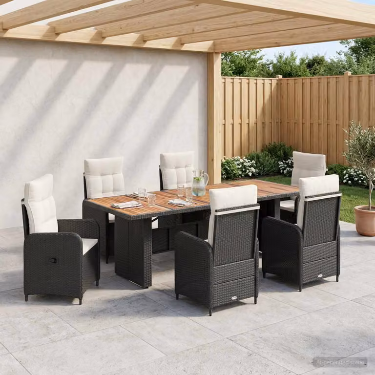 Set da pranzo per esterni vidaXL in polyrattan e legno di acacia da 7 pezzi, colore nero e bianco crema