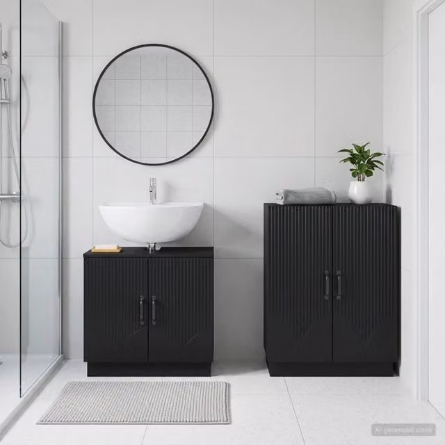 Set di mobili da bagno moderno vidaXL composto da mobile lavabo e mobile laterale in legno nero opaco L/P/H: 80,0 x 30,86 x 59,5 cm – 1