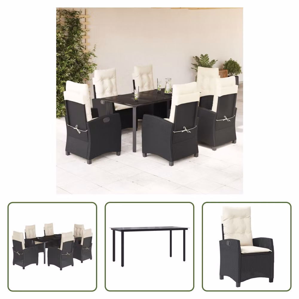 The Living Store Set da pranzo da giardino 7 pezzi con cuscini in polirattan nero