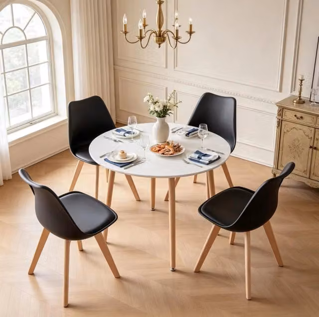 Set da Pranzo Moderno con Tavolo Rotondo in Legno 80x80 cm e 4 Sedie in Legno e Plastica