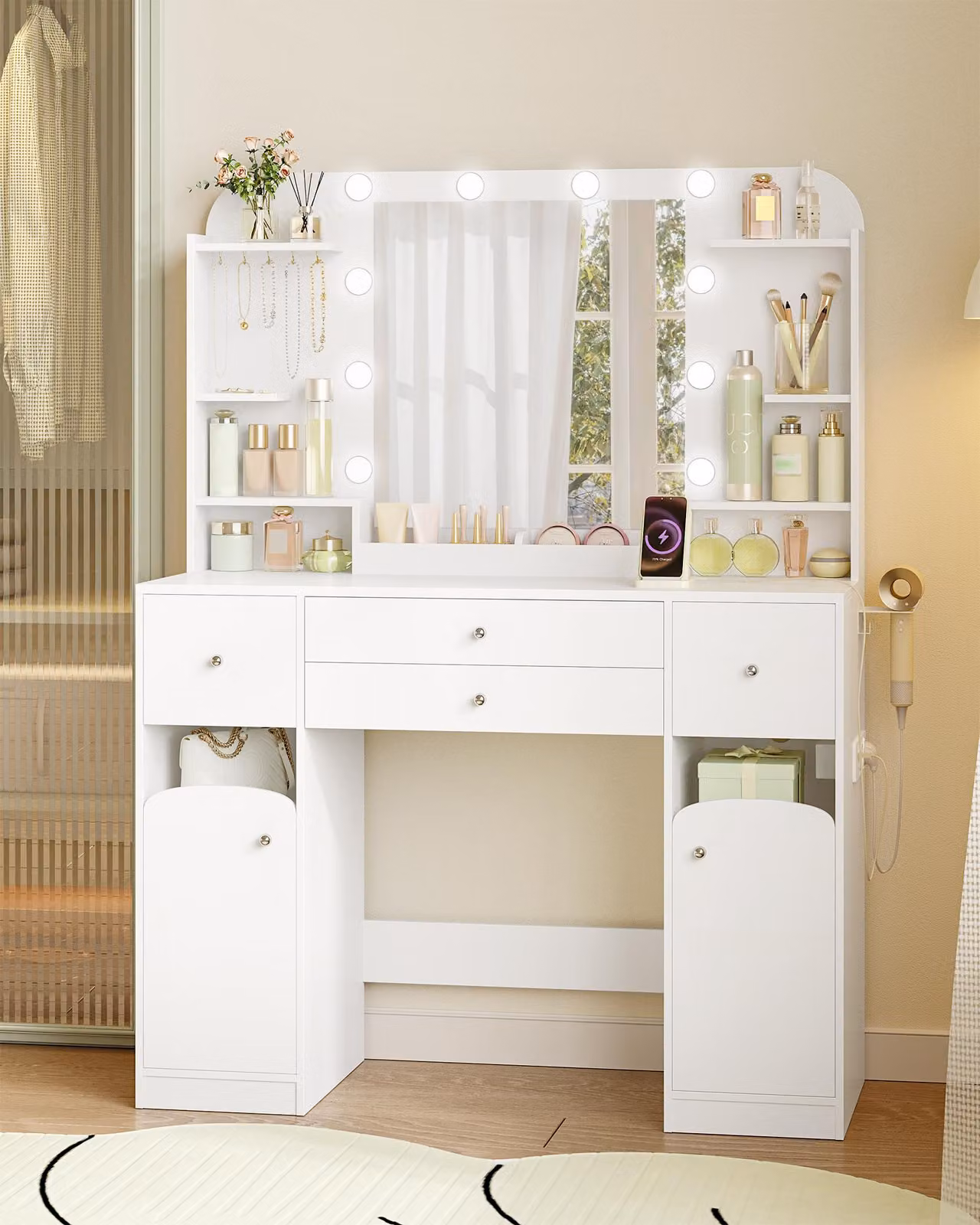 Tavolino da trucco con supporto per asciugacapelli - Bianco - Pannello di legno laminato - Con illuminazione a LED