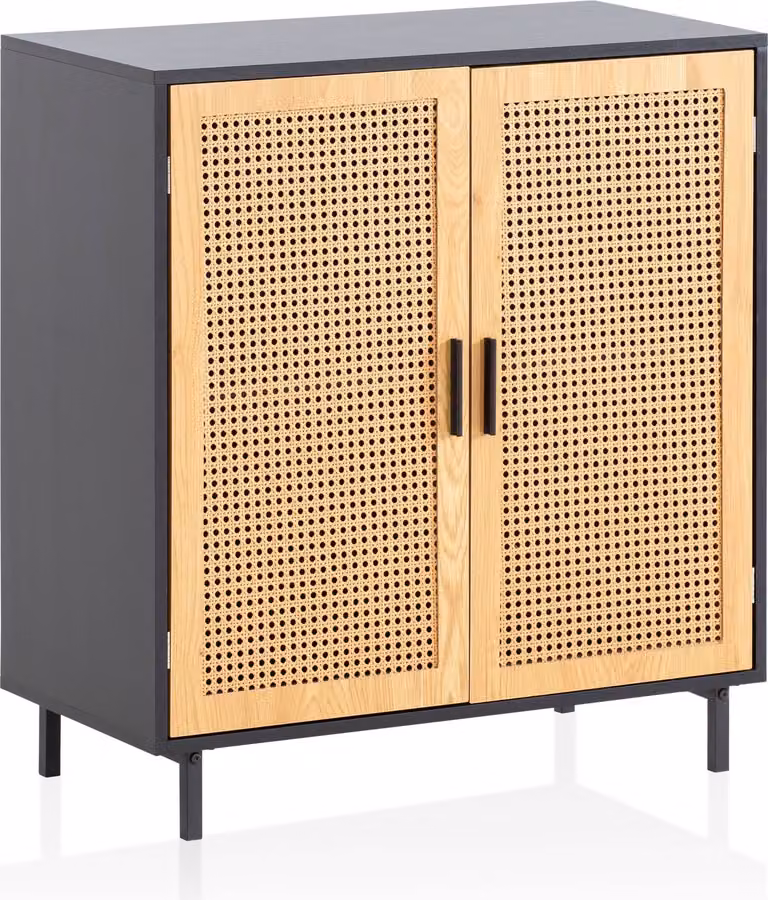 Credenza 80x86,5x40 cm cassettiera nera con vimini viennese, cassettiera alta senza tempo, armadio in piedi da soggiorno a 2 ante, credenza in rattan | Wohnling