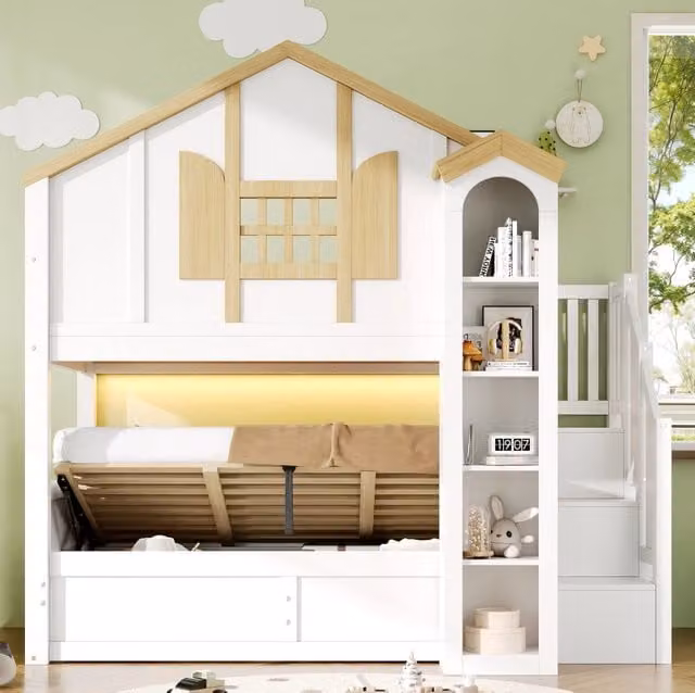 Letto a castello MODFU per bambini in legno e MDF bianco con letto inferiore sollevabile, scala contenitore e illuminazione LED, L/P: 90 x 200 cm