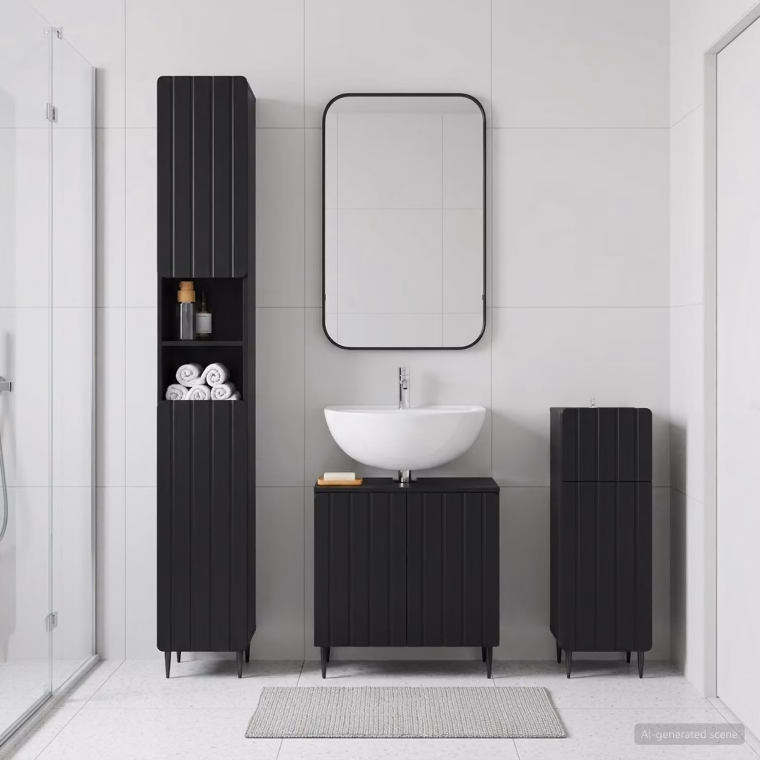 Set di armadietti da bagno moderni vidaXL ZWOLLE in 3 pezzi, colore nero opaco, L/P/H: 120 x 48,55 x 190 cm
