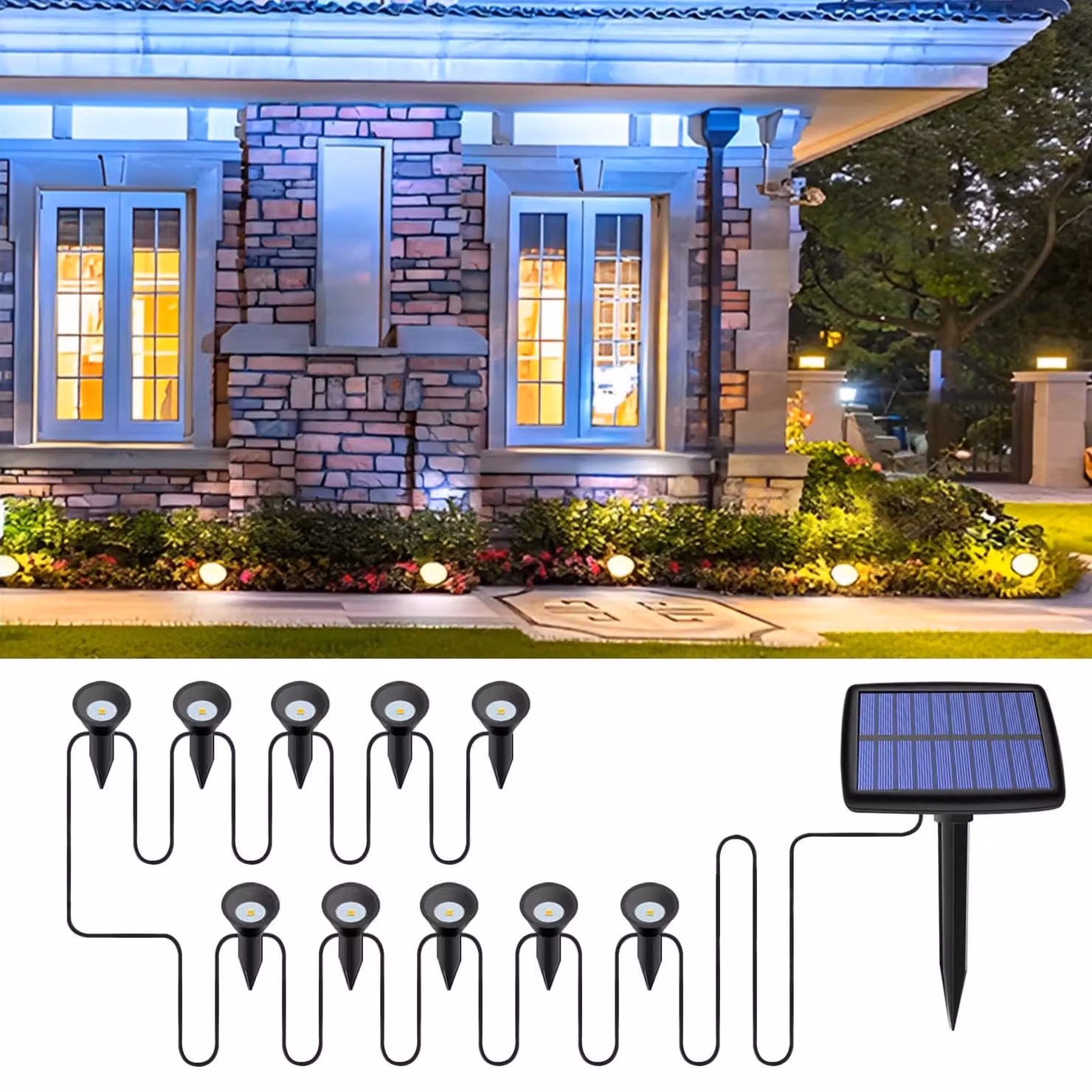 Lampada solare da esterno, 10 LED, luce bianco caldo, grado di protezione IP65, colore nero, confezione da 1 pezzo.